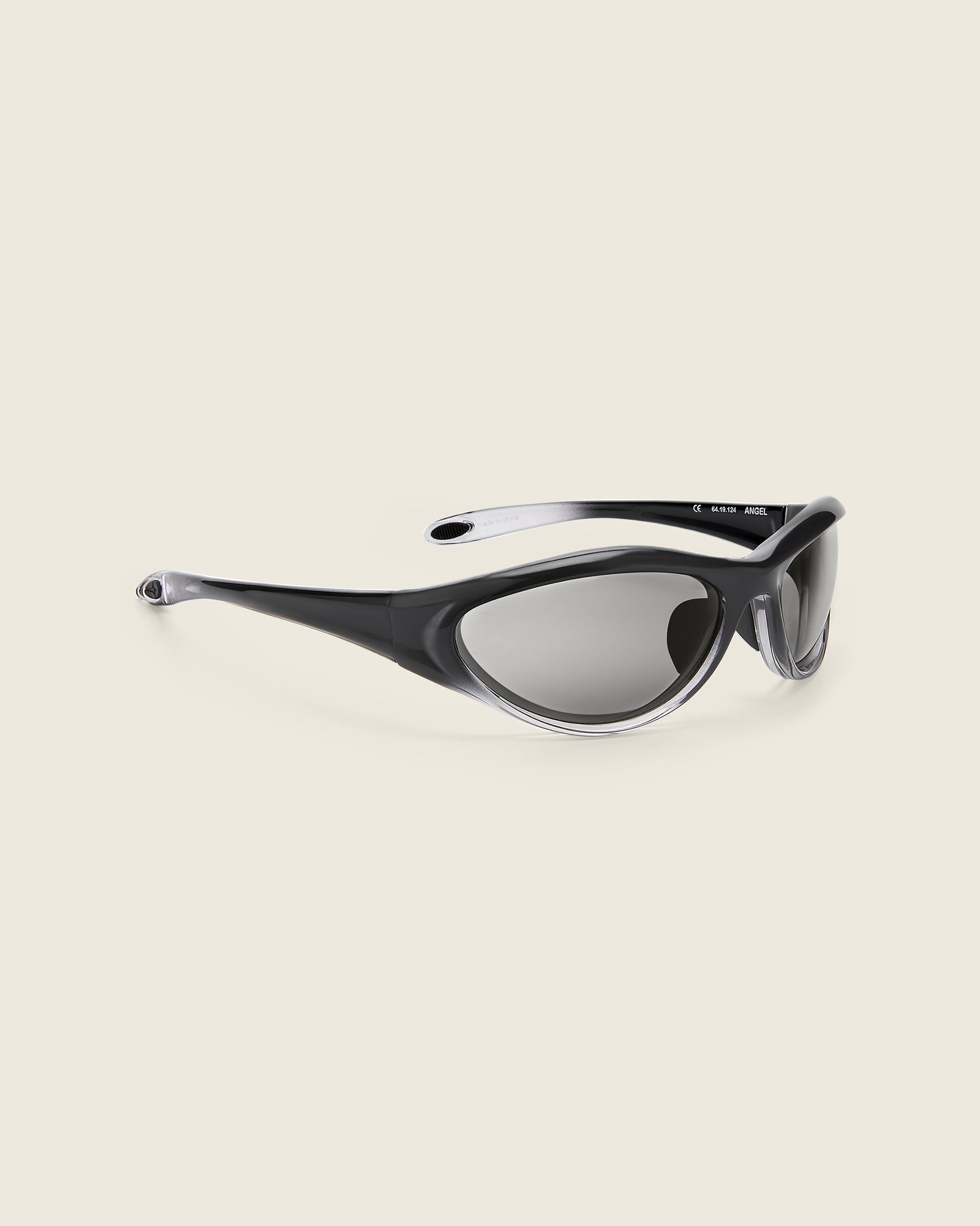 Bonnie Clyde Angel black curved TR90 sunglasses with black lenses, quarter view.