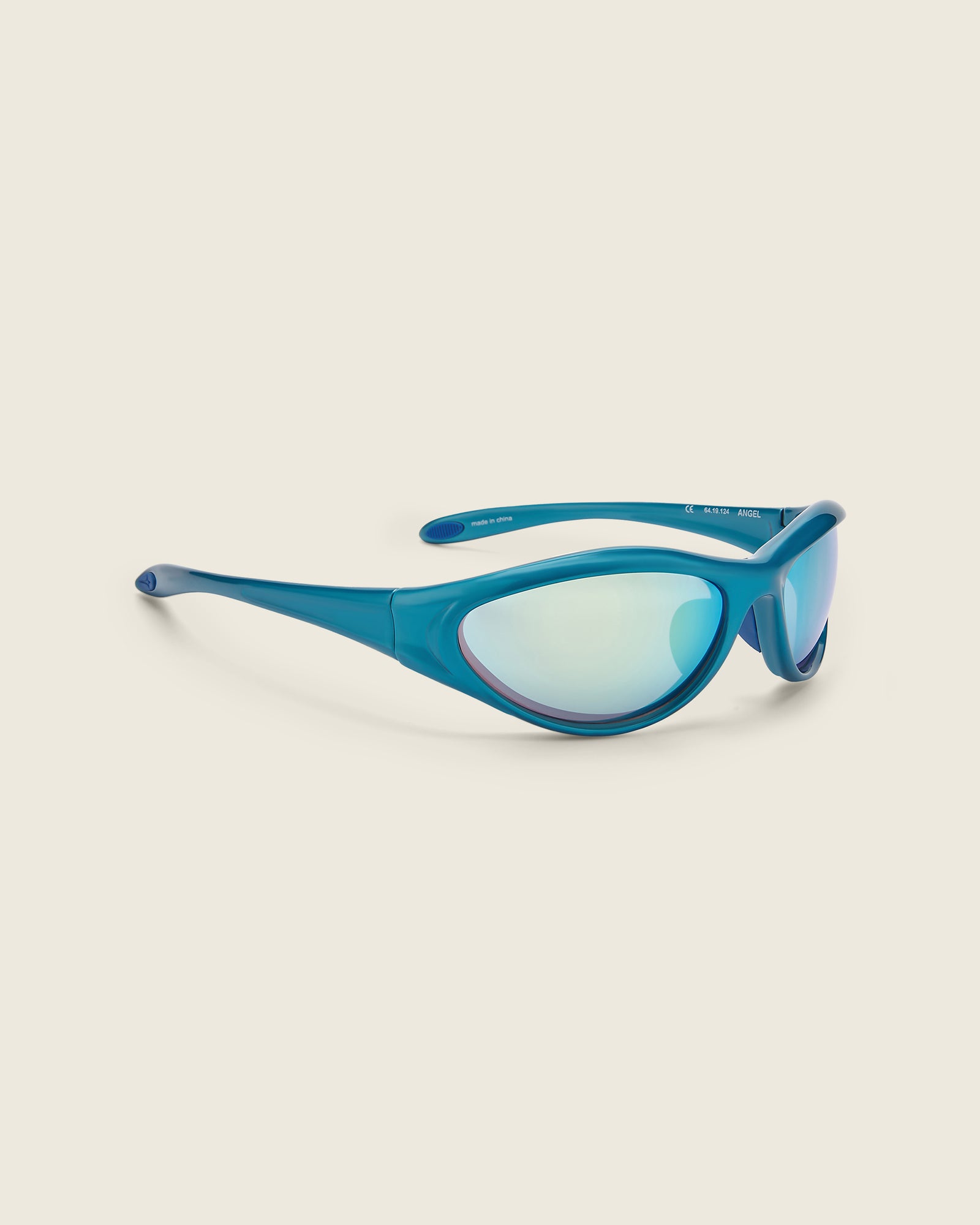 Bonnie Clyde Angel metallic blue curved TR90 sunglasses with blue lenses, quarter view.