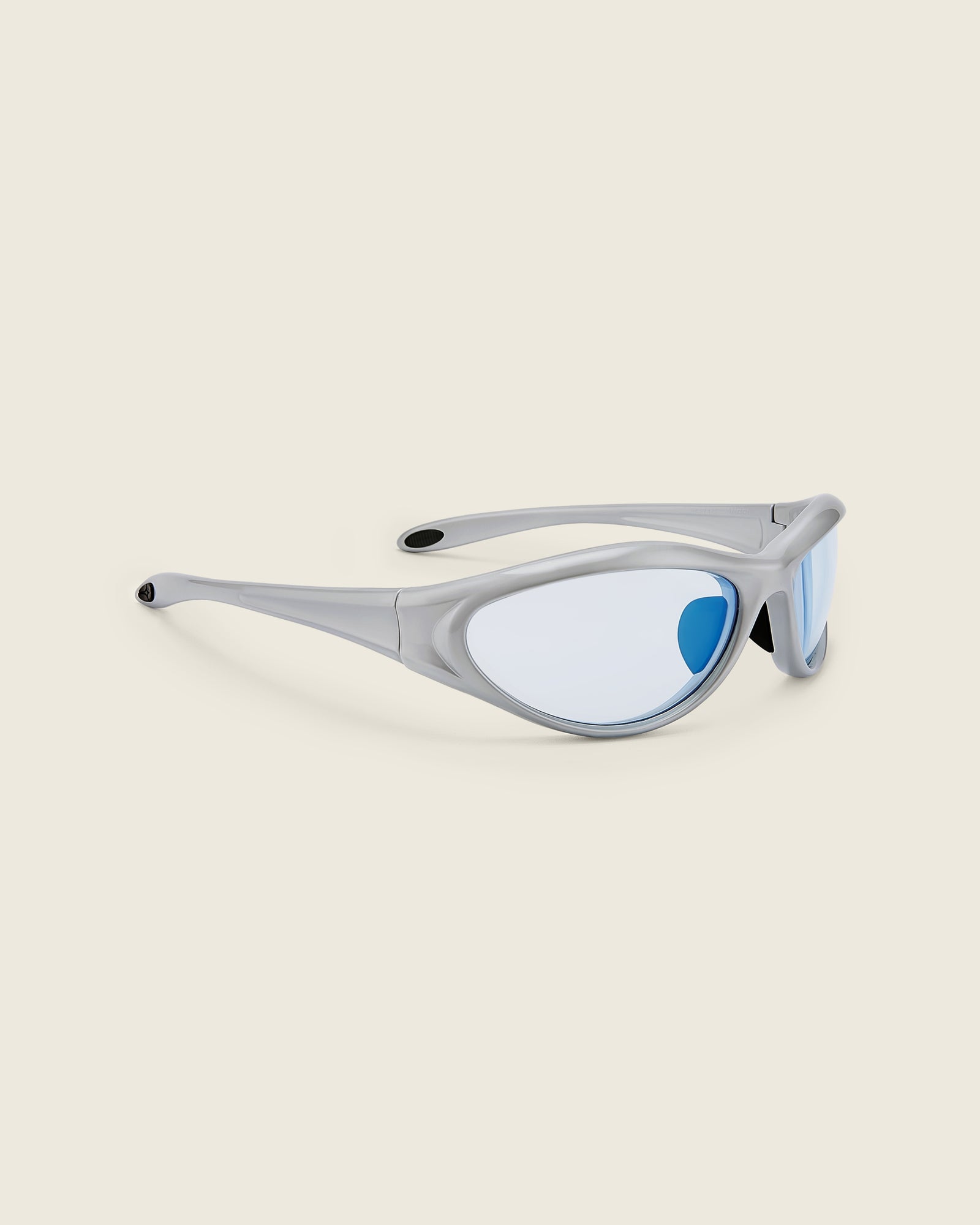 Bonnie Clyde Angel aviator opticals in silver TR90 with blue lenses, quarter view.