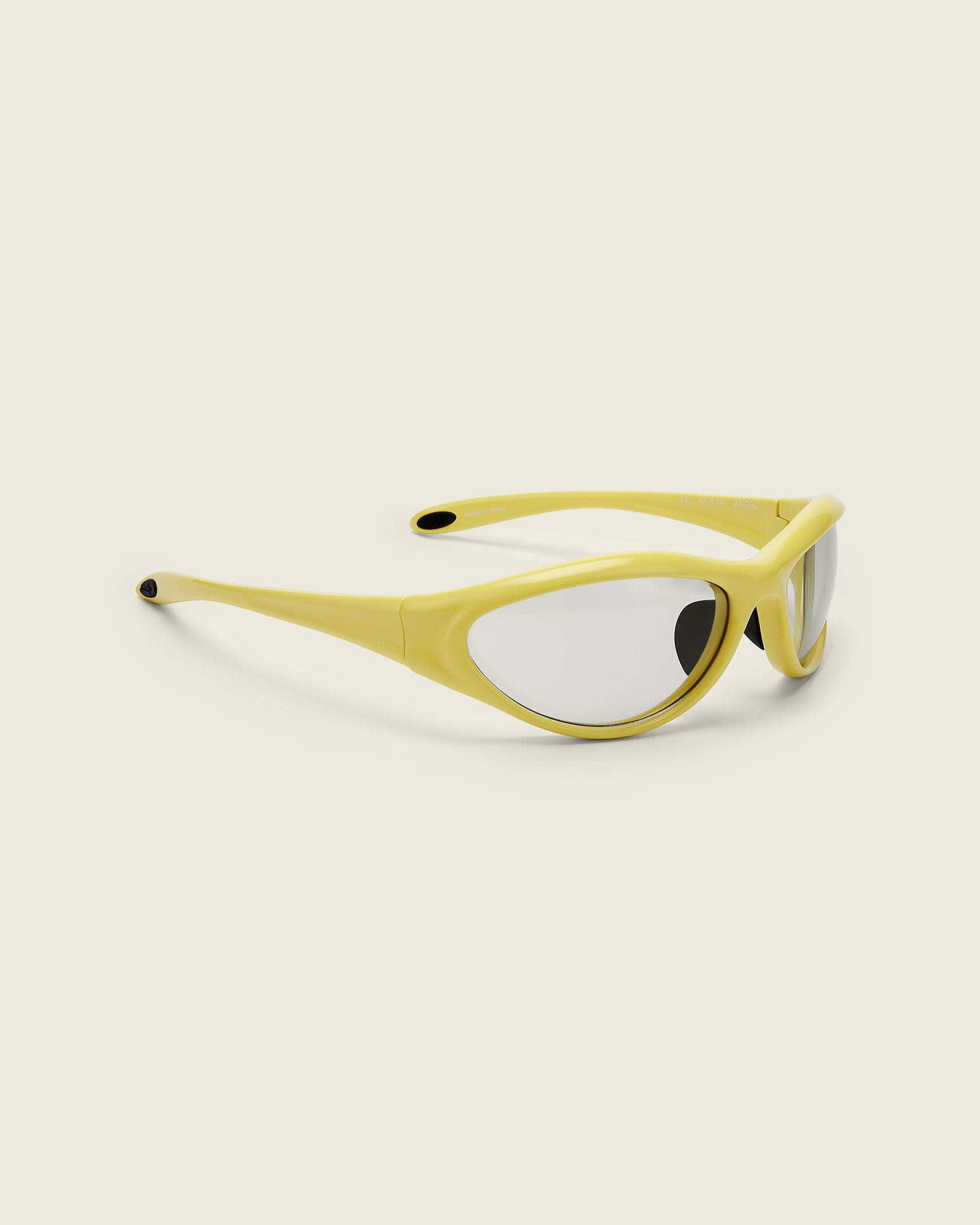 Bonnie Clyde Angel aviator opticals in yellow TR90 with grey lenses, side view.
