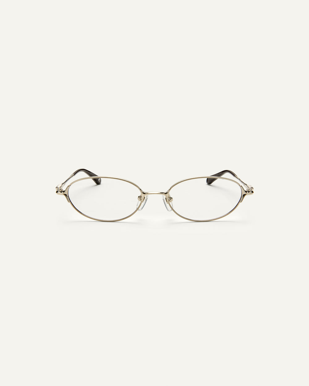 Face shot of Bonnie Clyde Bunny eyeglasses in titanium silver with brown acetate and clear lenses. 