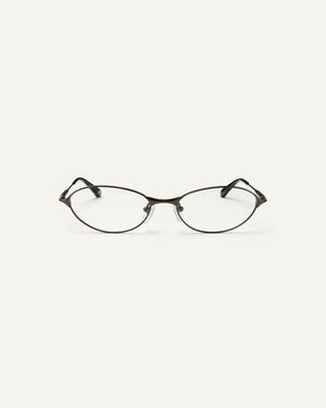 Face shot of Bonnie Clyde Intro eyeglasses in gunmetal titanium frames with black acetate details and clear lenses.