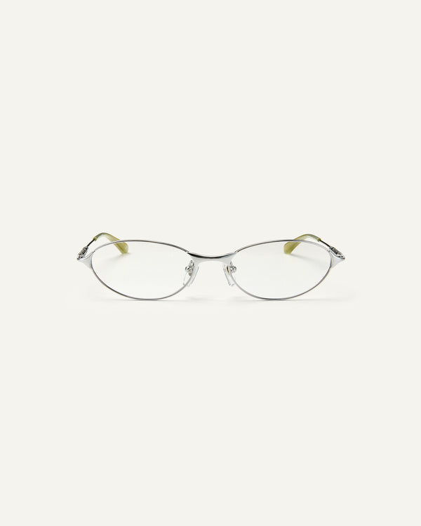 Face shot of Bonnie Clyde Intro eyeglasses in silver titanium frames with green acetate details and clear lenses.