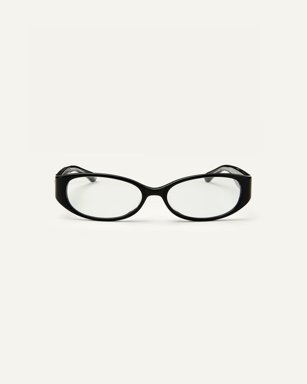 Face shot of Bonnie Clyde Precious eyeglasses in black frames with clear lenses.
