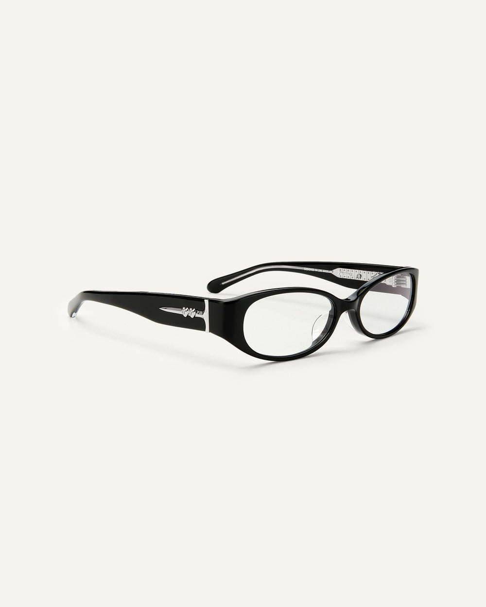 Quarter shot of Bonnie Clyde Precious eyeglasses in black frames with clear lenses.