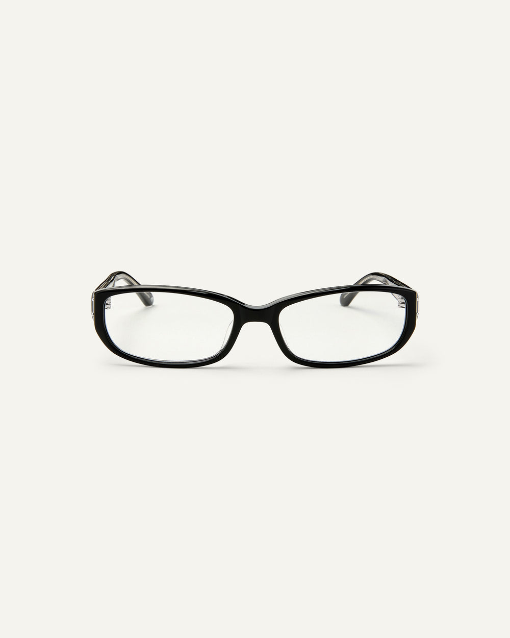 Face shot of Bonnie Clyde Triplet eyeglasses in black frames with clear lenses.