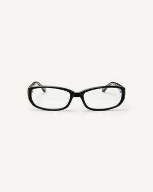Face shot of Bonnie Clyde Triplet eyeglasses in black frames with clear lenses.